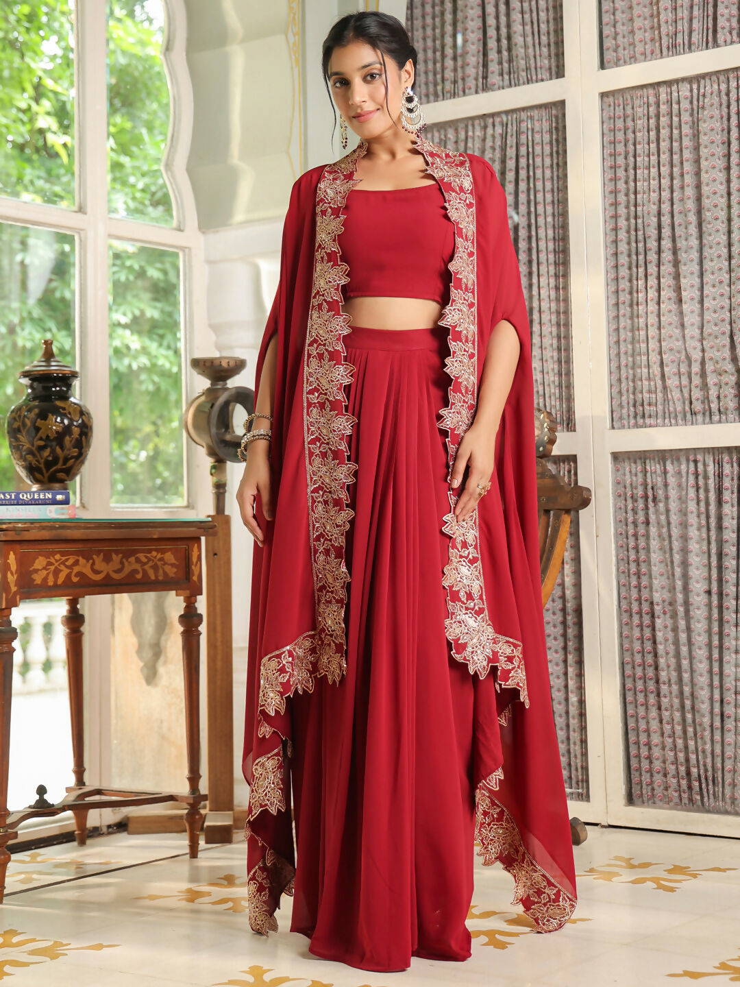 Janasya Maroon Georgette Solid Top Bottom Cape | Grocsy