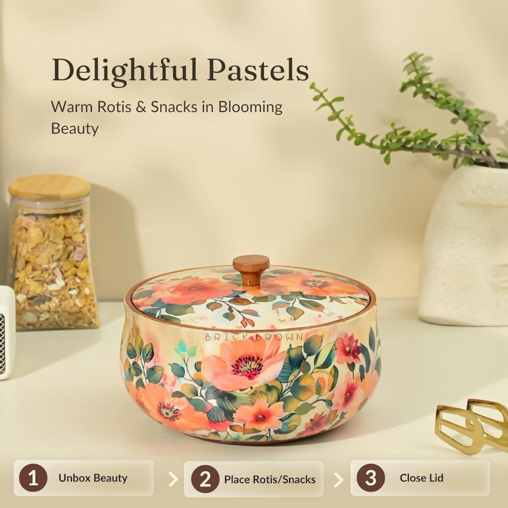 Brick Brown Handcrafted Enamel Coated Wooden Pastel Flora Roti Box | Grocsy