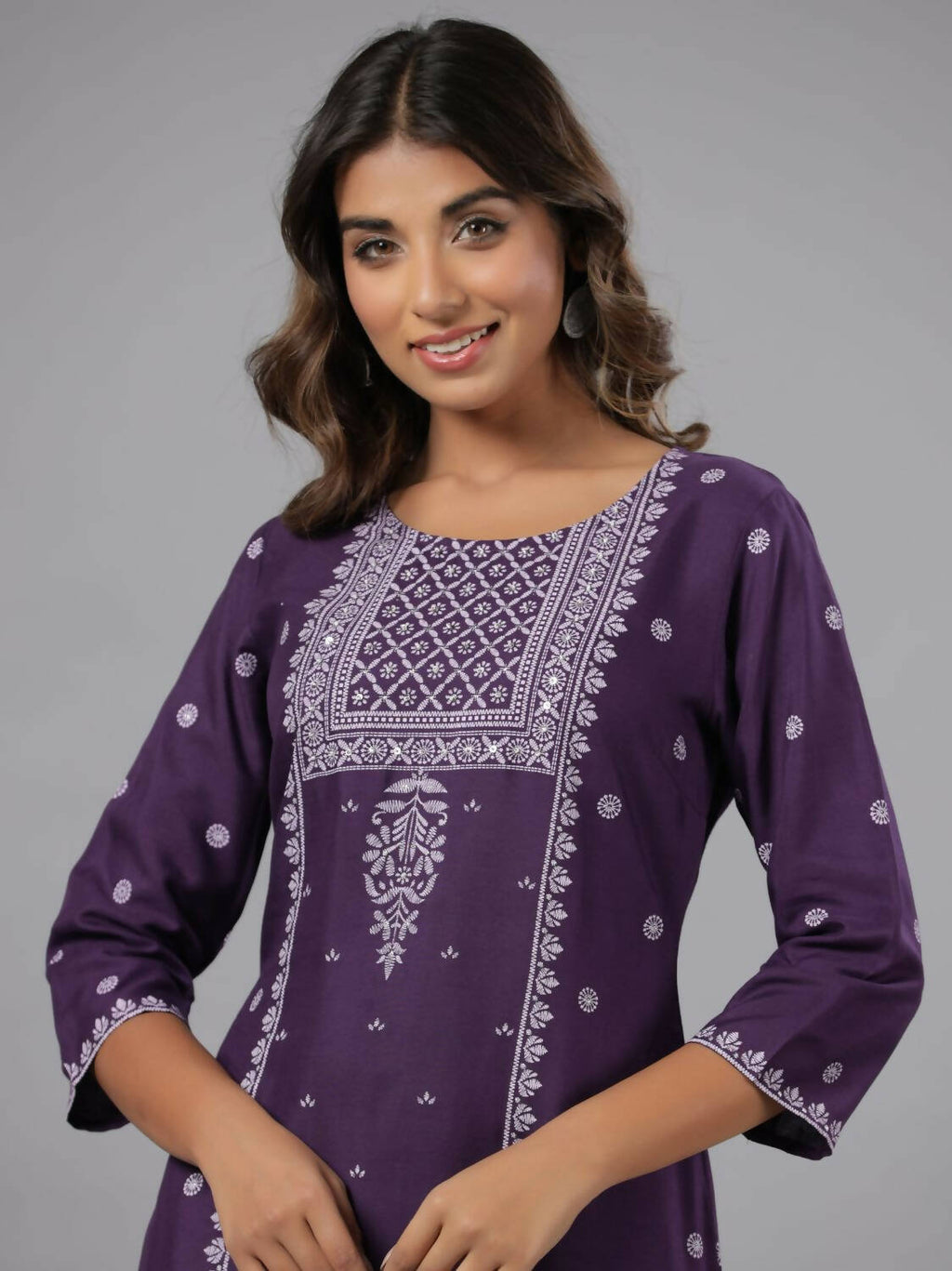 Juniper Women Purple Rayon Printed Knee Length Straight Kurta | Grocsy