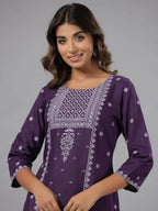 Juniper Women Purple Rayon Printed Knee Length Straight Kurta | Grocsy