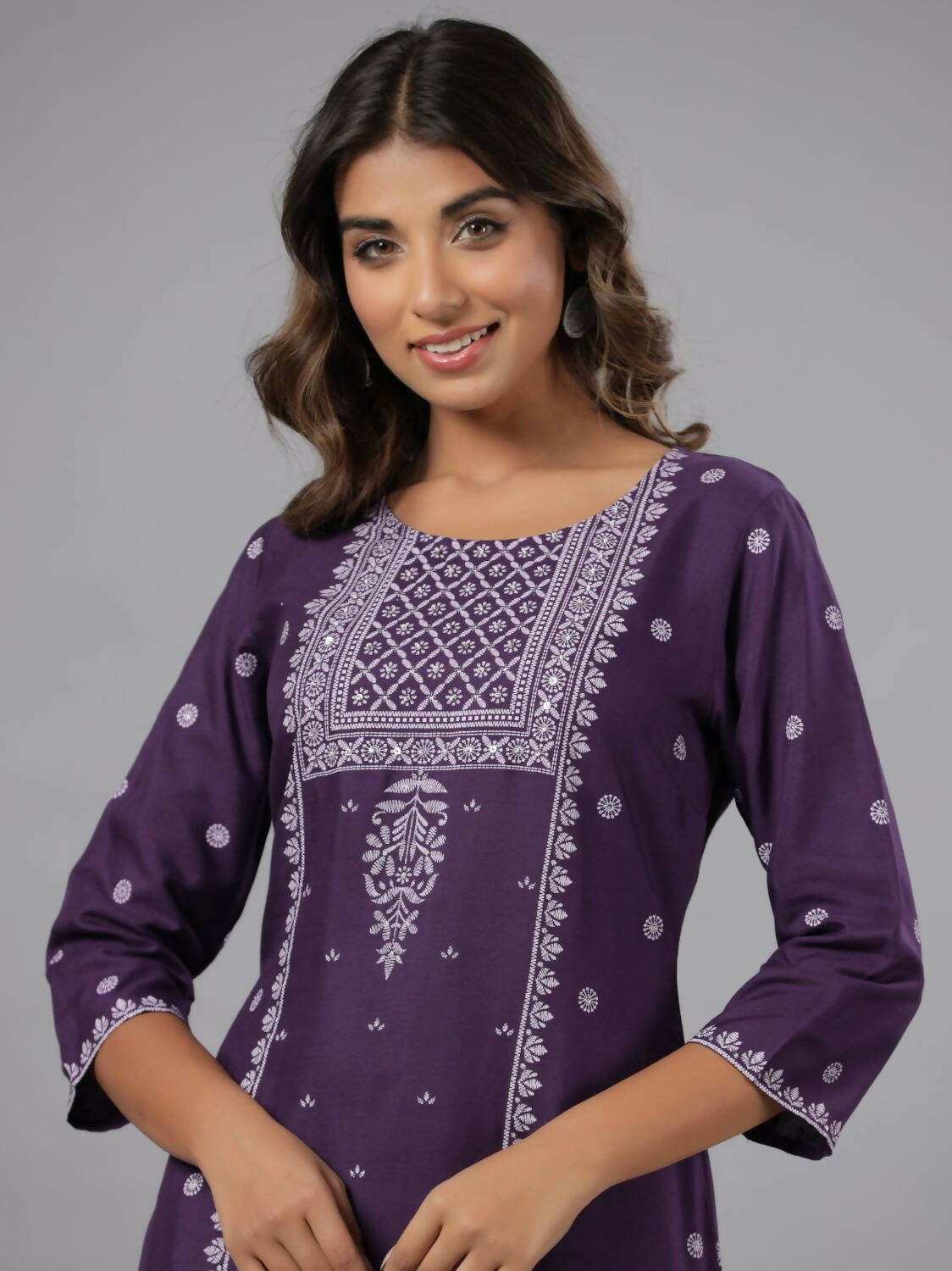 Juniper Women Purple Rayon Printed Knee Length Straight Kurta | Grocsy