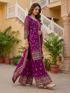 Teeya Creation Wine Faux Georgette Multi Thread Work Wedding Wear Sharara Set | Grocsy