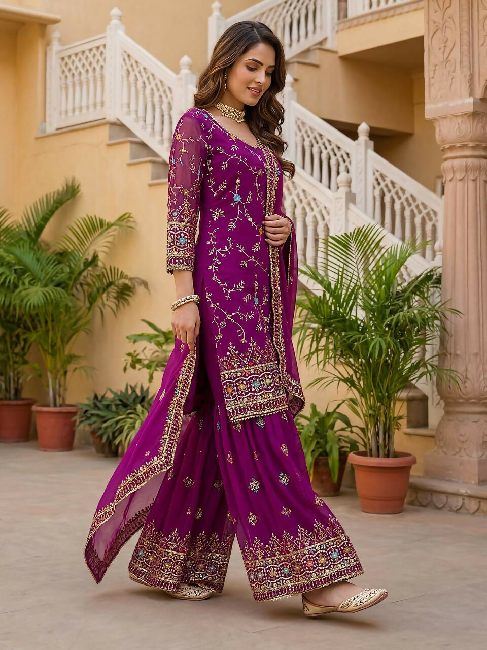 Teeya Creation Wine Faux Georgette Multi Thread Work Wedding Wear Sharara Set | Grocsy
