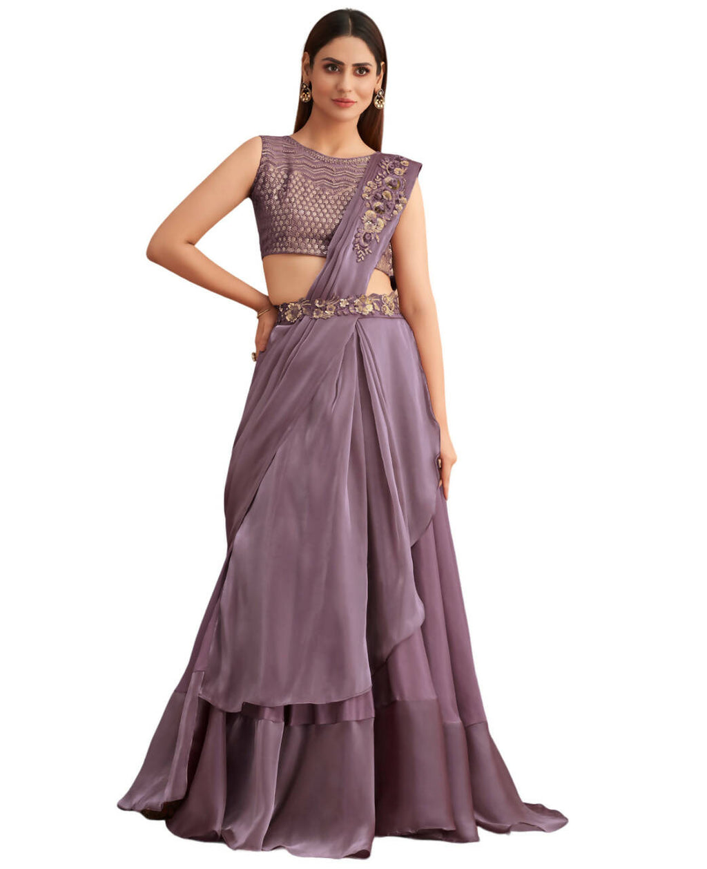 Purple Satin Embroidered Ready To Wear Saree With Unstitched Blouse Piece - Nandika | Grocsy