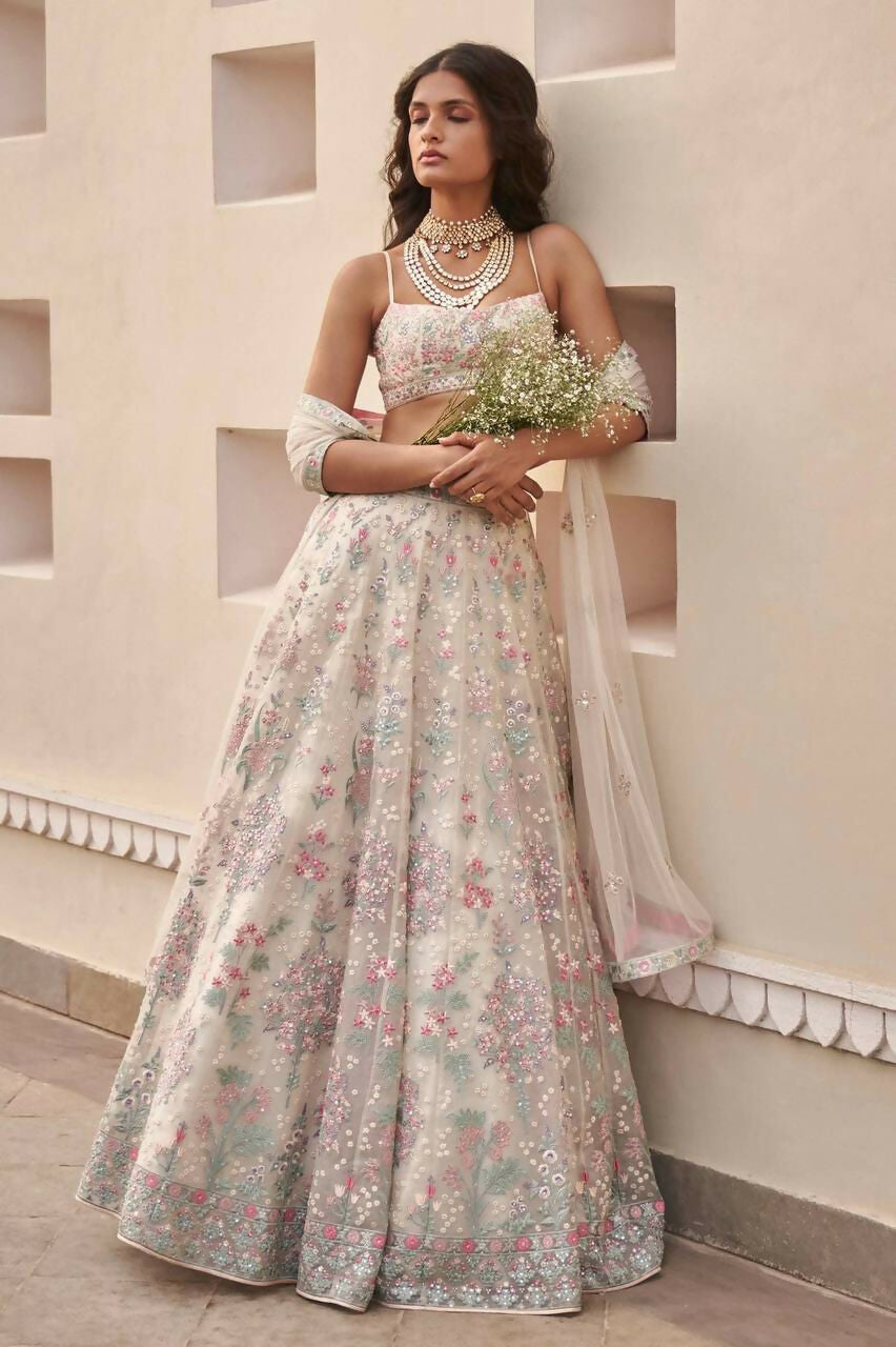 Jyoti Fashion Cream Thread Embroidery Georgette Designer Lehenga Choli with Dupatta | Grocsy