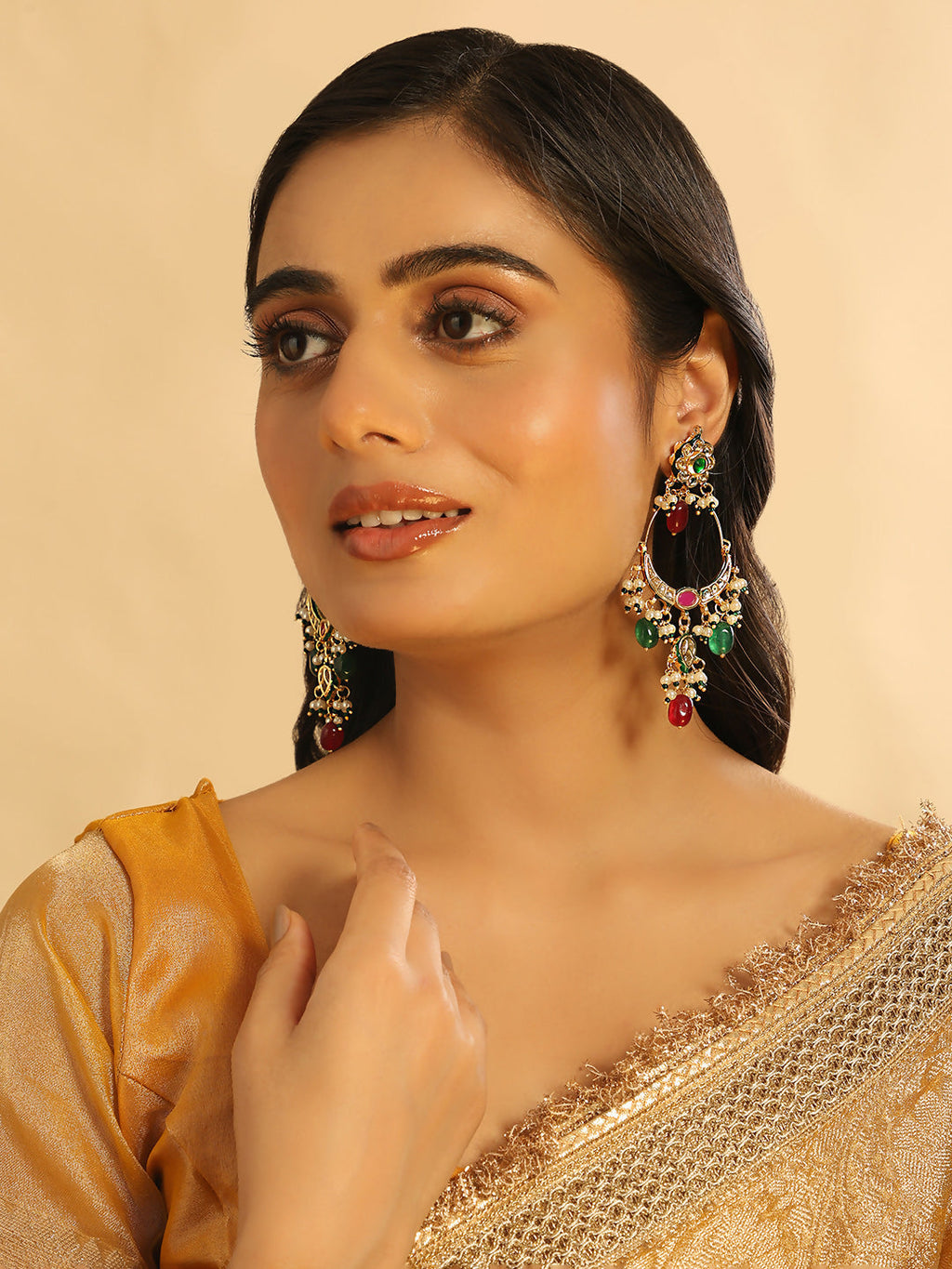 Nuyug 22K Gold Plated Crescent Kundan Drop Green Stone Chandbali Earrings | Grocsy