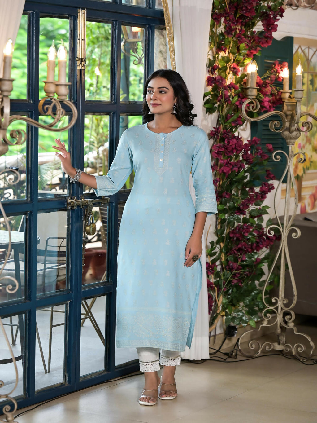 Juniper Women's Powder Blue Ethnic Motif Printed Rayon Kurta With Buttons | Grocsy