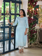Juniper Women's Powder Blue Ethnic Motif Printed Rayon Kurta With Buttons | Grocsy