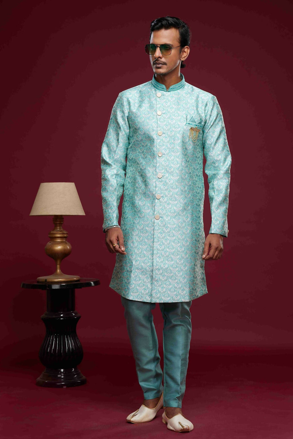 Raivat Ethnic Banarasi Jacquard Embroidery Semi Indo Western Sherwani In Sky Blue Colour | Grocsy