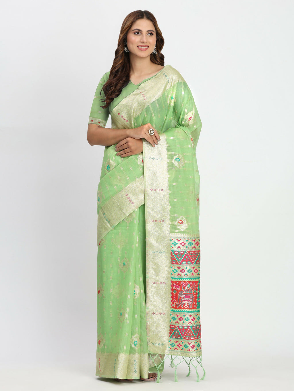 Shree Shyam Fashion Linen Cotton Light Green Saree | Grocsy