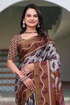 Prime Volt Women's Brown Printed Mal Cotton Saree with Designer Blouse Piece | Grocsy