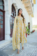 Vaasva Women Yellow Muslin Embroidered Kurta, Pant & Dupatta Set | Grocsy