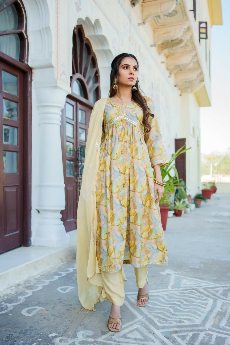 Vaasva Women Yellow Muslin Embroidered Kurta, Pant & Dupatta Set | Grocsy