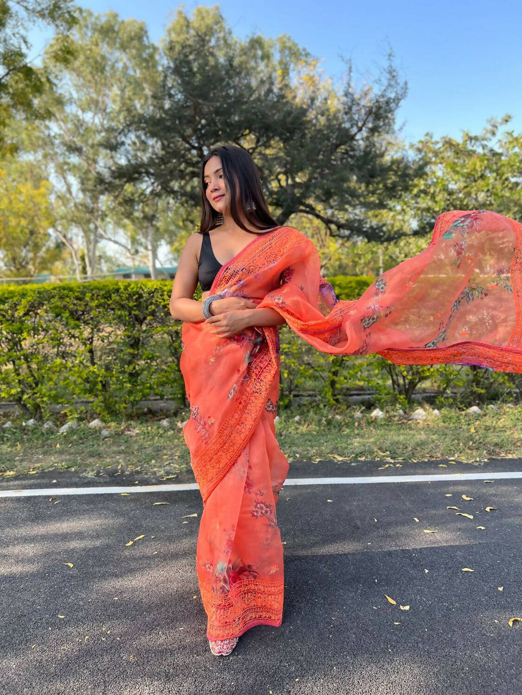 Vamsee Orange Organza Saree | Grocsy