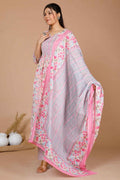 Miravan Women's Cotton Pink Floral Printed Straight Kurta Palazzo With Dupatta | Grocsy