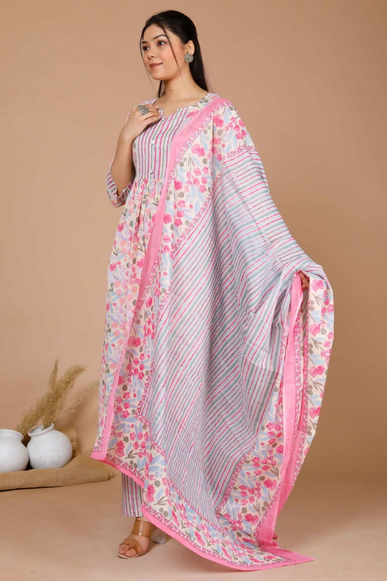 Miravan Women's Cotton Pink Floral Printed Straight Kurta Palazzo With Dupatta | Grocsy