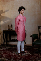 Falling Raw Silk Pink Prism Motif Kurta Set By Hilo Design | Grocsy