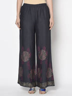 Aniyah Rayon Dark Grey Color Block Print Flared Slip-On Palazzo (AN-201K) | Grocsy