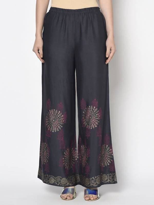Aniyah Rayon Dark Grey Color Block Print Flared Slip-On Palazzo (AN-201K) | Grocsy