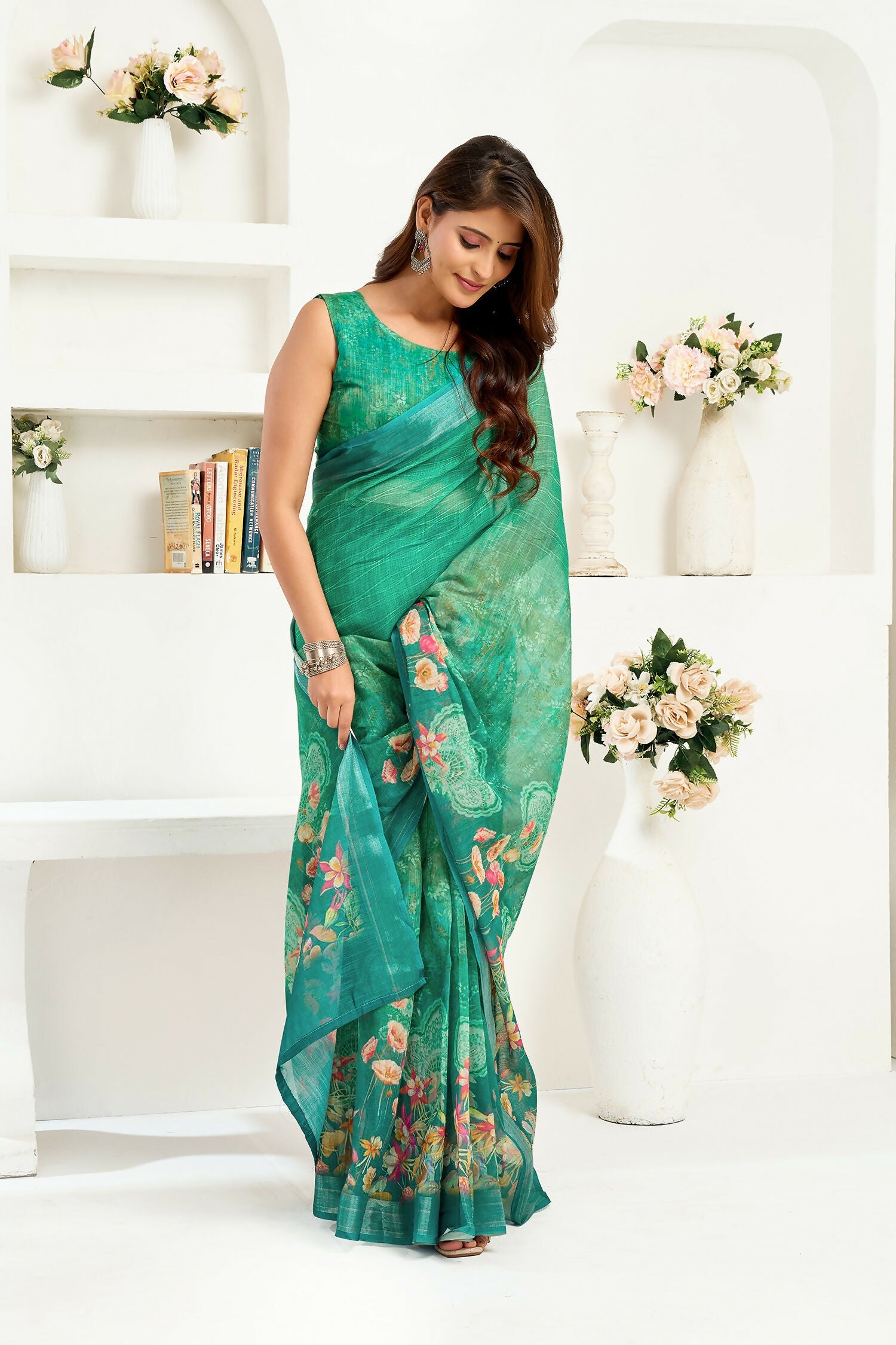 Joban Fashion Rama Green Floral Linen Ready To Wear Saree With Unstitched Blouse | Grocsy