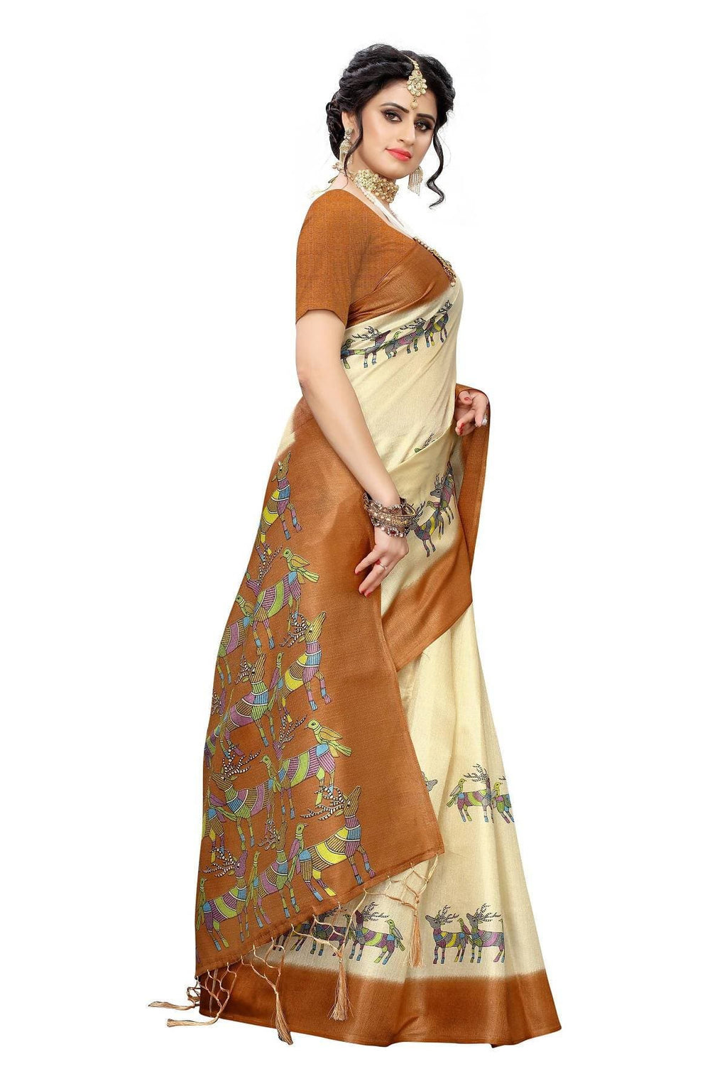 Vamika Multicolor & Brown Kalamkari With Jhalar Khadi Silk Saree | Grocsy