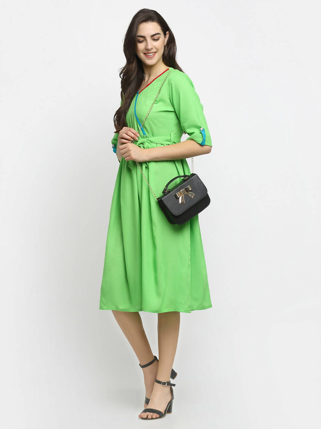 Rudra Bazaar Lime Green Flared Kurta with Belt | Grocsy