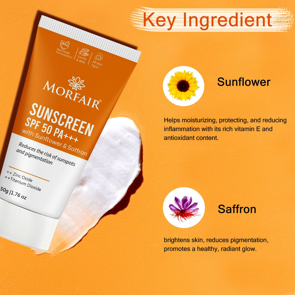 Globus Remedies Morfair Sunscreen SPF 50 PA+++ with Sunflower & Saffron For Reduces Sunspots & Pigmentation | Grocsy