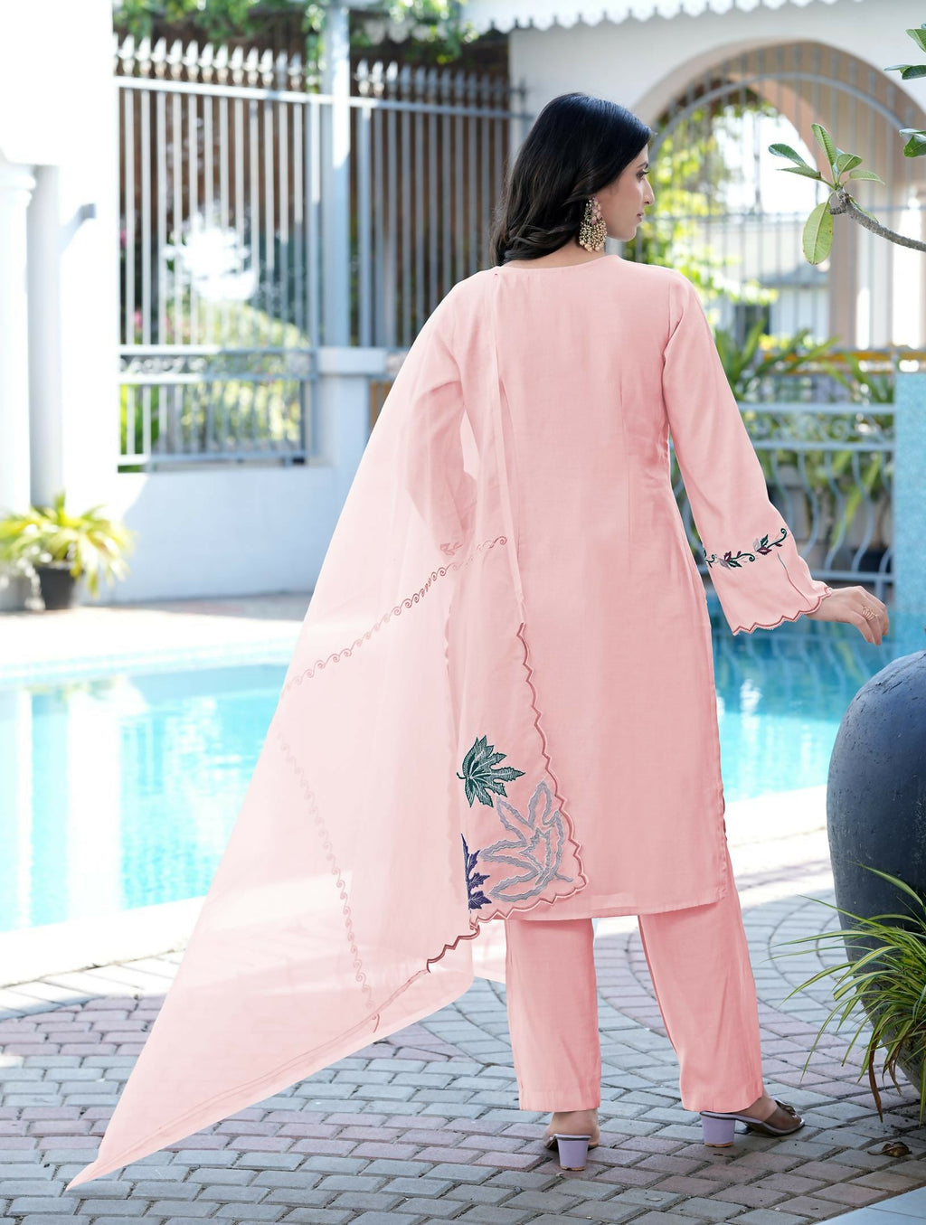 Nikhaar Light Pink Embroidered Art Silk Stitched Straight Cut Kurta Pants Dupatta Readymade Suit | Grocsy