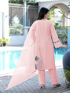 Nikhaar Light Pink Embroidered Art Silk Stitched Straight Cut Kurta Pants Dupatta Readymade Suit | Grocsy