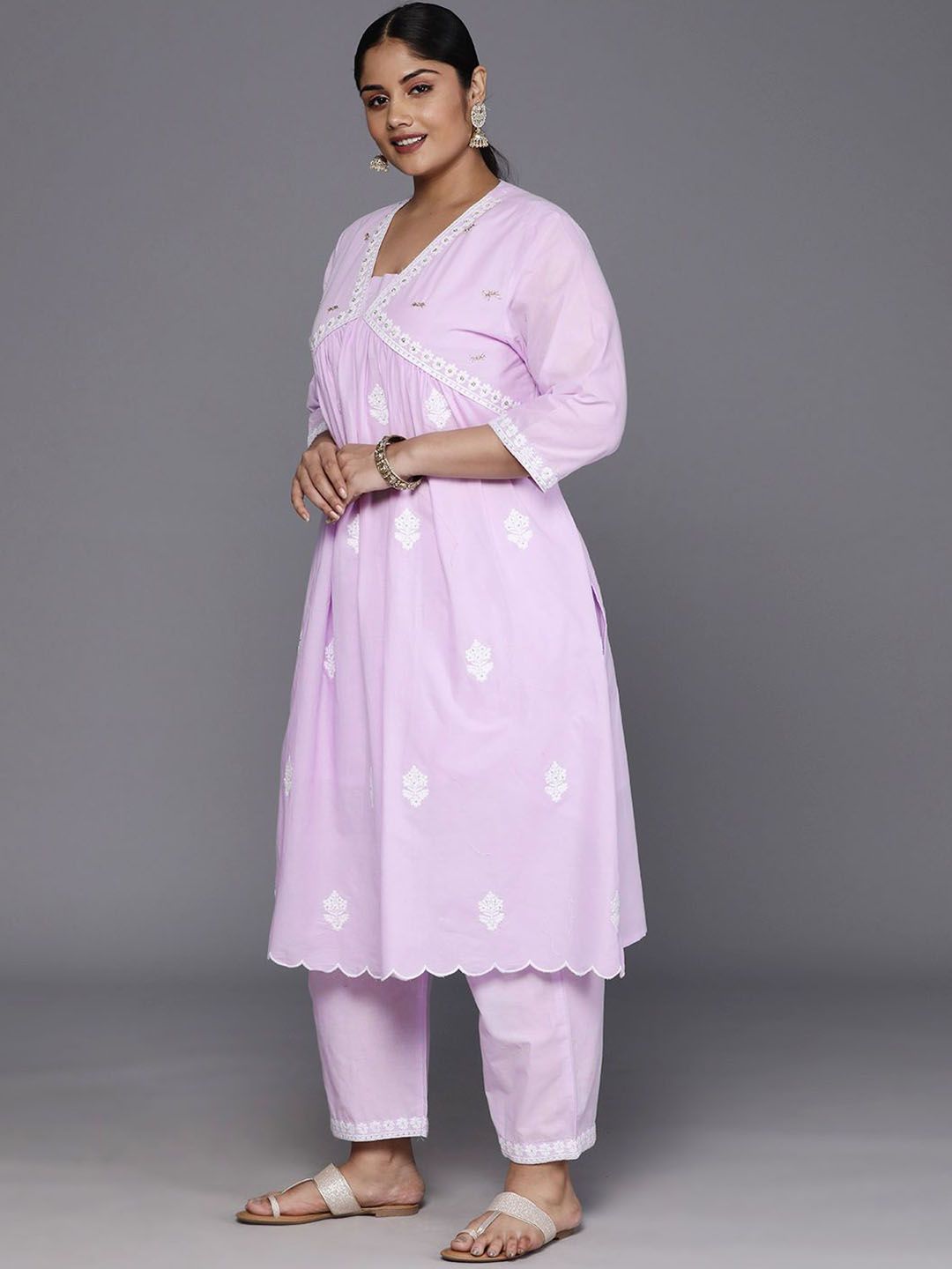 Sztori Plus Size Floral Embroidered Pure Cotton Anarkali Kurta & Trousers With Dupatta | Grocsy