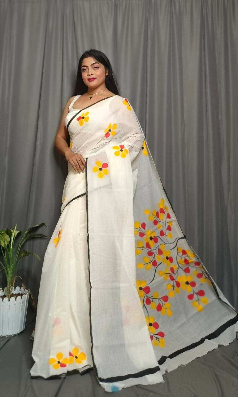 Exclusive Collection Beautiful White Yellow Pure Cotton Hand Print Handloom Saree With Running Blouse Piece | Grocsy