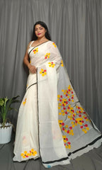 Exclusive Collection Beautiful White Yellow Pure Cotton Hand Print Handloom Saree With Running Blouse Piece | Grocsy