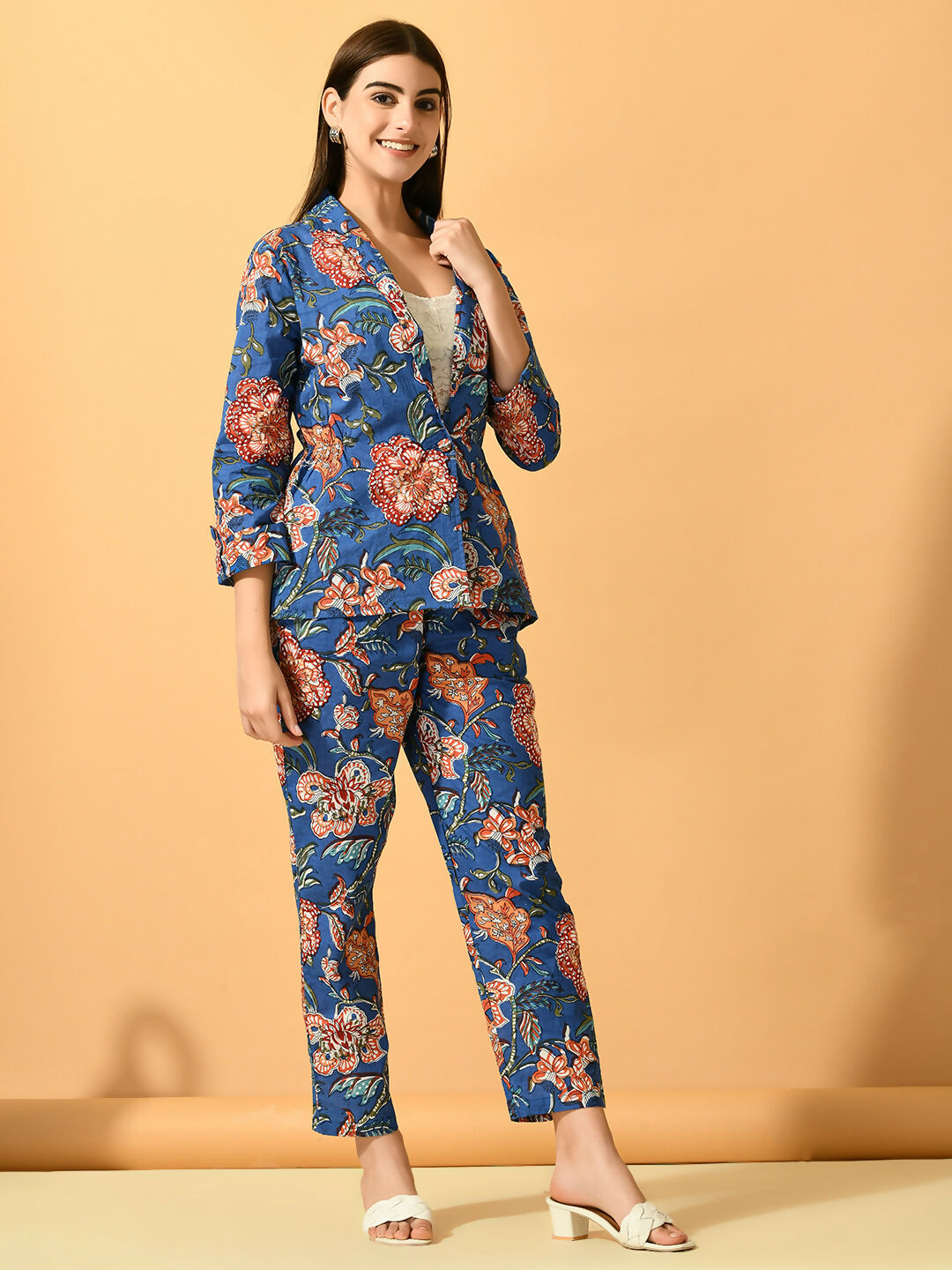 Myshka Women's Blue Printed Coat With Trousers | Grocsy
