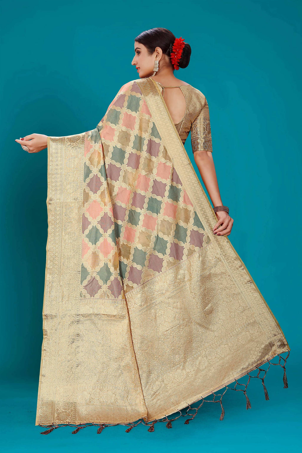 Beige Soft Organza Woven Design Saree with Unstitched Blouse Piece - Zaara | Grocsy