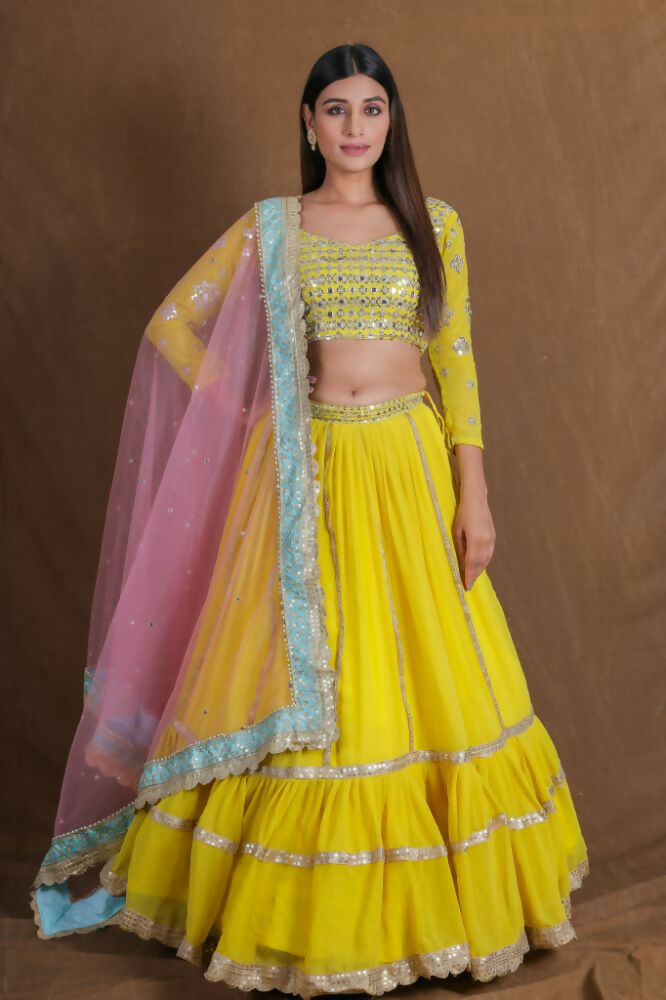 Yellow Georgette Zari Sequence Embroidery With Foil Mirror Work Lehenga Choli - Jihu Culture | Grocsy