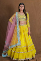 Yellow Georgette Zari Sequence Embroidery With Foil Mirror Work Lehenga Choli - Jihu Culture | Grocsy