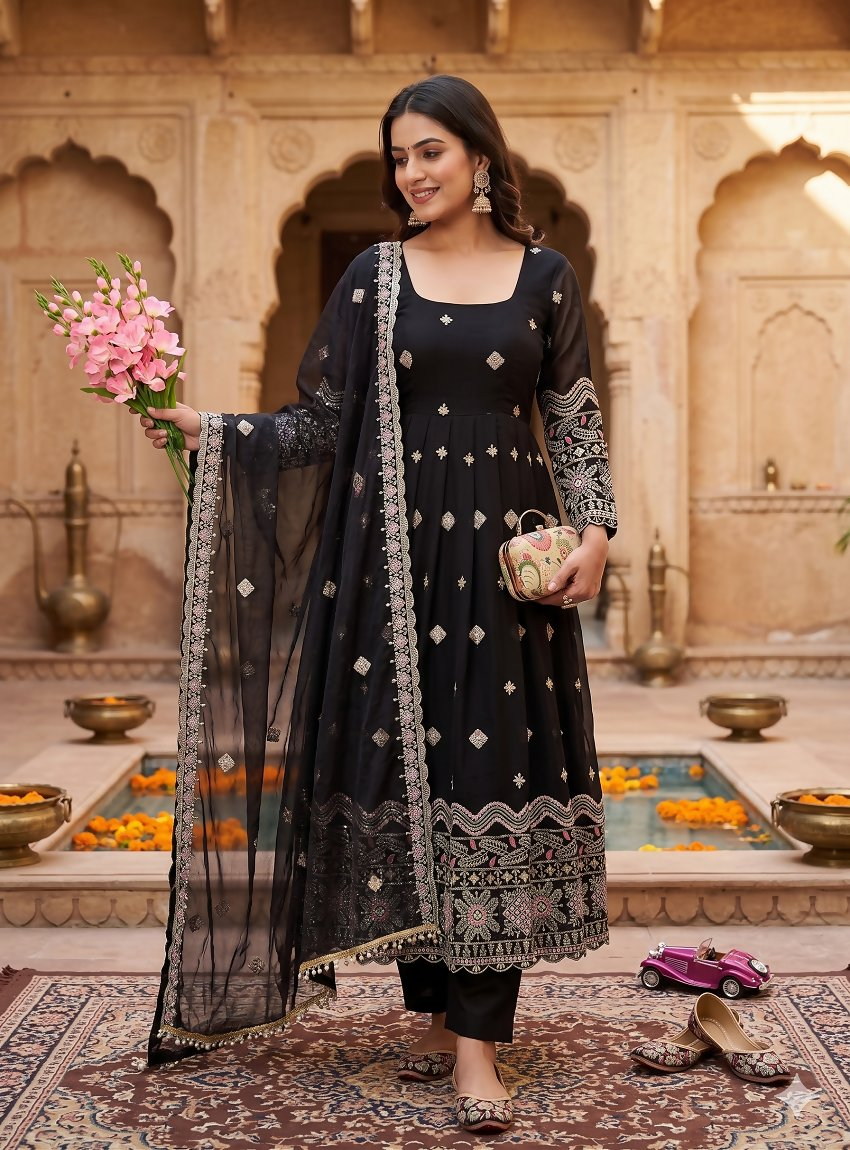 Teeya Creation Premium Black Ethnic Kurti With Sharara And Embellished Dupatta Set | Grocsy