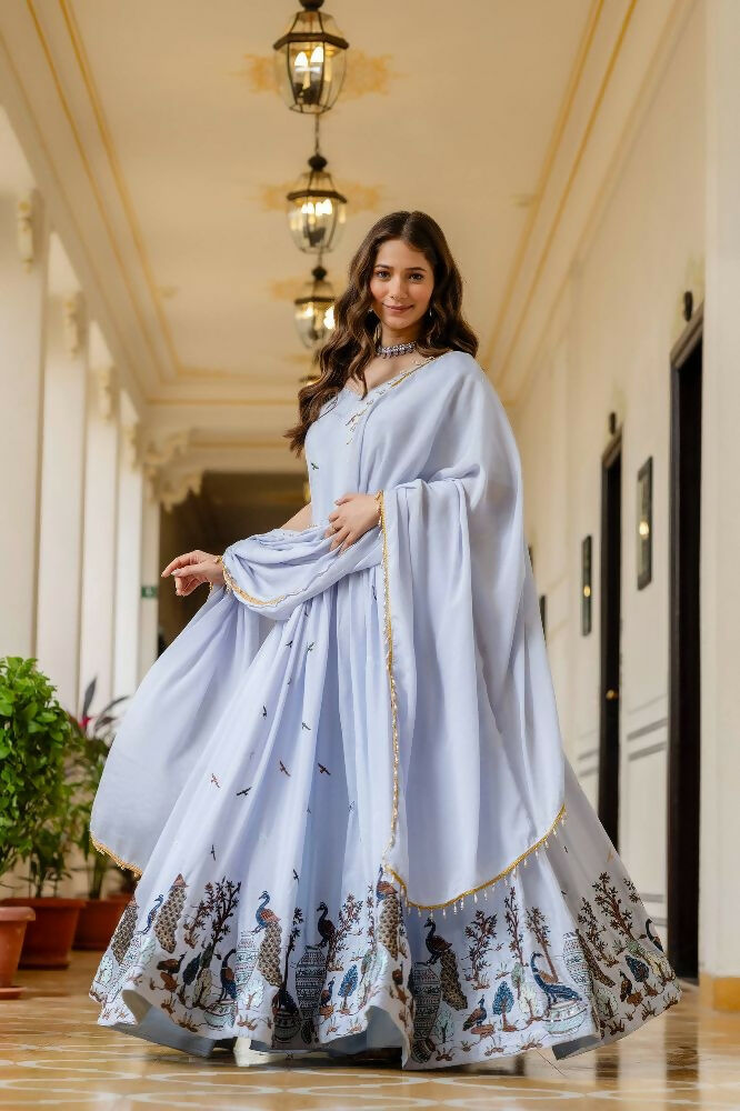 Teeya Creation Lavender Chinnon Heavy Work Long Wedding Gown | Grocsy