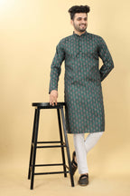 Teal Cotton Printed Men's Kurta - Mahotsav | Grocsy