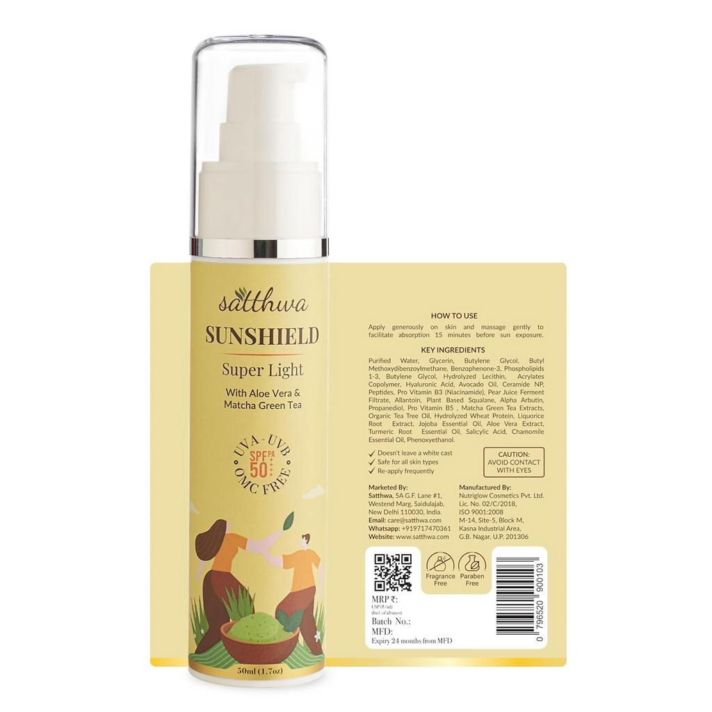 Satthwa Sunshield Super Light Sunscreen With Aloe Vera & Matcha Green Tea | Grocsy