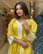 The52 Yellow Women's Gorgeous Embroidered Georgette Fabric Straight Kurta Pant with Dupatta Set | Grocsy