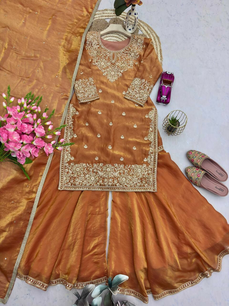 Teeya Creation Goldern Fendy Silk Embroidery Work Designer Wedding Wear Palazzo Suit | Grocsy