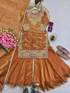 Teeya Creation Goldern Fendy Silk Embroidery Work Designer Wedding Wear Palazzo Suit | Grocsy