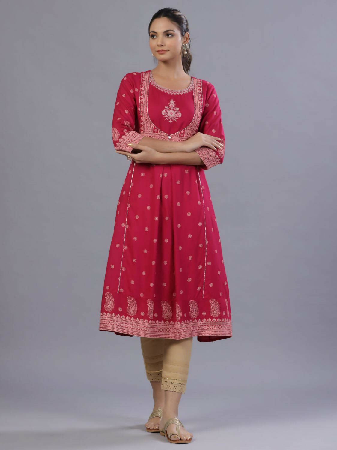 Juniper Women Fuchsia Rayon Printed A-Line Kurta | Grocsy