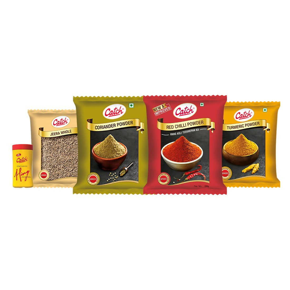 Catch Masala & Spices Combo Five Pack - Coriander Powder 200 gms + Turmeric Powder 200 gms + Red Chilli Powder 200 gms + Cumin Whole 200 gms + Hing 50 gms | Grocsy