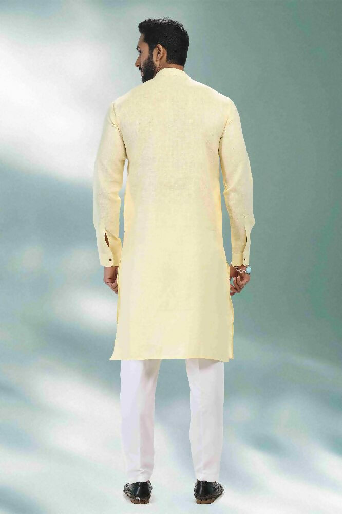 Raivat Ethnic Linen Cotton Pintux Work Kurta Pajama In Yellow Colour | Grocsy