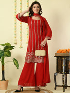 Myshka Women's Red Georgette Kurta & Palazzos With Dupatta Party Sets | Grocsy