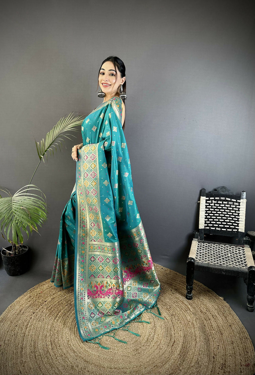 Joban Fashion Turquoise Blue Geometric Pattern Soft Silk Patola Saree | Grocsy