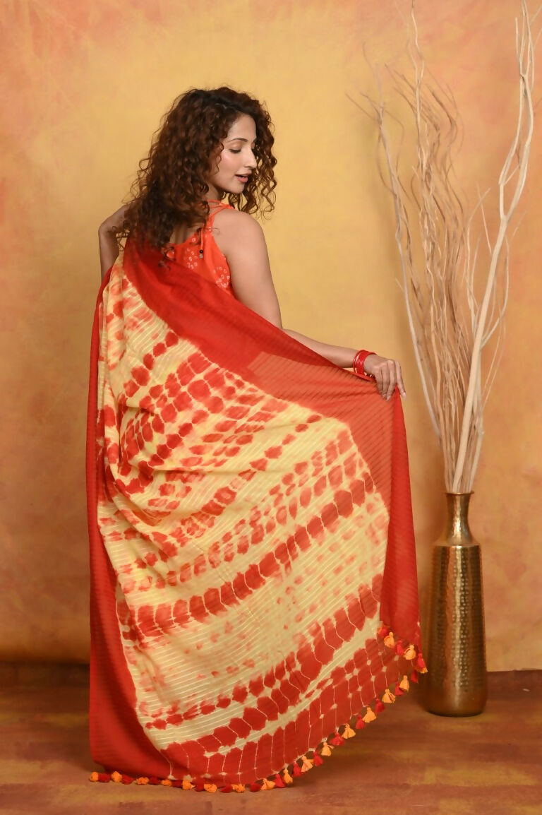 Very Much Indian Tie & Dye Handloom Mul Cotton Saree - Yellow Red | Grocsy
