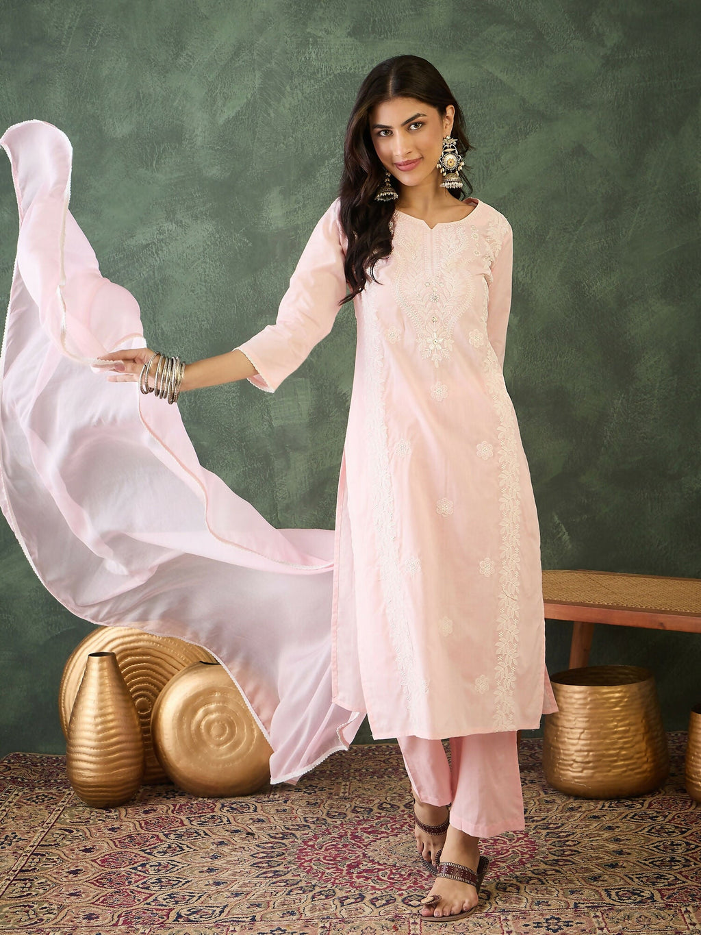 The52 Baby pink Women's Gorgeous Cotton Blend Fabric Thread Work Straight Kurta, Pant and Dupatta Set | Grocsy
